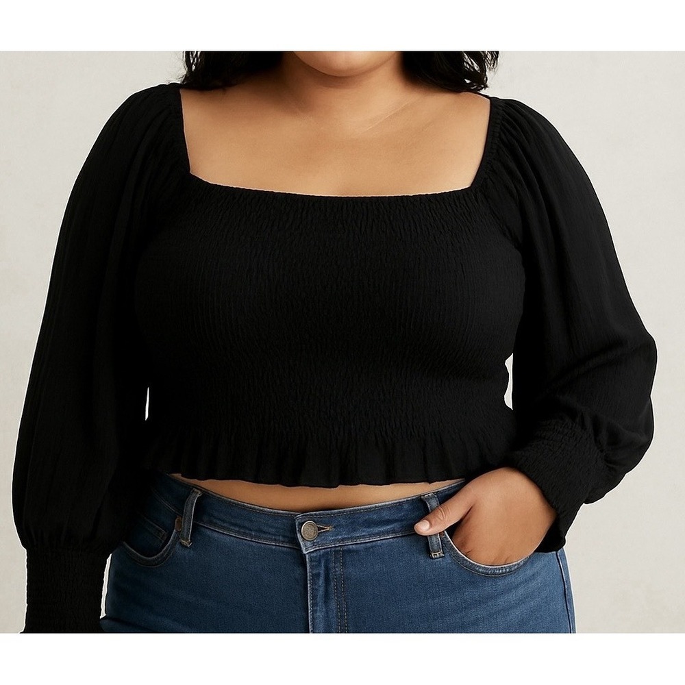 NWT Anthropologie Black Long Puff Sleeve Smocked Body Crop Top 1X Boho Ruched